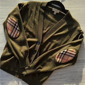 Burberry Olive Green Cashmere-Blend Cardigan with Signature Plaid Elbow Patches